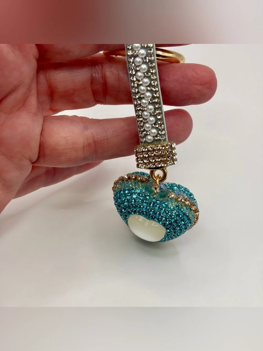 Crystal Strap Keychain with Teal Heart Charm